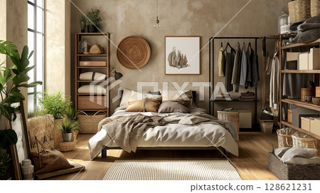 Loft style Bedroom beige color scheme with Morning Sunlight 128621231