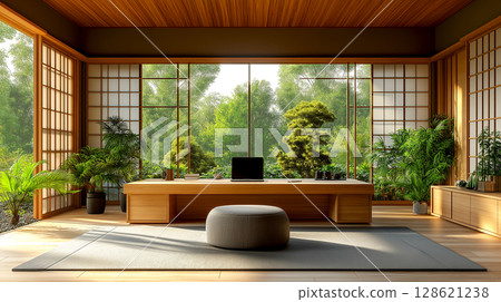 Modern Home Office Interior with Elegant Wood Desk with japanese garden view 128621238