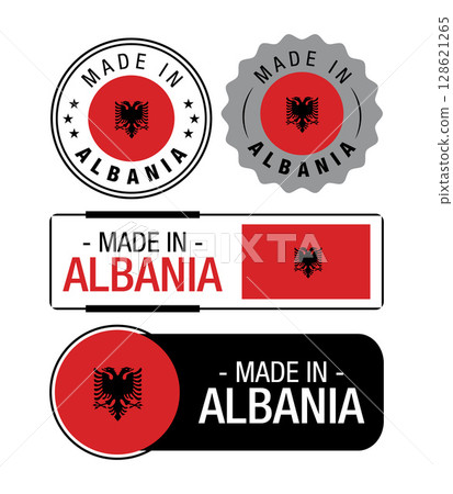 Set of Made in Albania labels, logo, Albania flag, Albania Product Emblem. Vector illustration 128621265