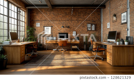 Loft industry syle small home Office Interior design with brick wall for startup Loft industry syle small home Office Interior design with brick wall for startup 128621329