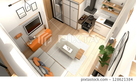 3D isometric small aprtment Open-Concept Living room Kitchen and bathroom Space with white beige and orange accent,  Small living space concept 128621384