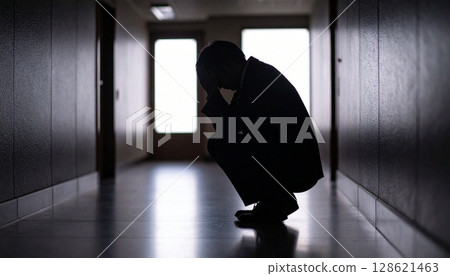 Silhouette of a man crouching down due to stress 128621463