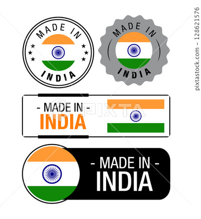 Set of Made in India labels, logo, India flag, India Product Emblem. Vector illustration Set of Made in India labels, logo, India flag, India Product Emblem. Vector illustration 128621576