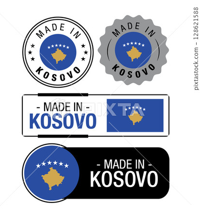 Set of Made in Kosovo labels, logo, Kosovo flag, Kosovo Product Emblem. Vector illustration 128621588