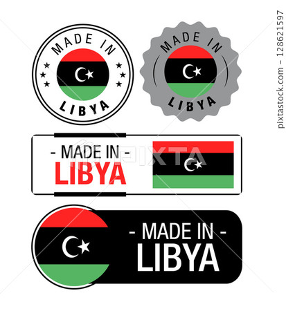 Set of Made in Libya labels, logo, Libya flag, Libya Product Emblem. Vector illustration 128621597