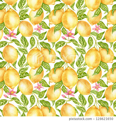 Seamless pattern with lemons, leaves, a fruit-bearing flowering tree, a hand-drawn watercolor ornament. Juicy summer fruits for kitchen textiles, wallpaper, bedding, and tableware. 128621650