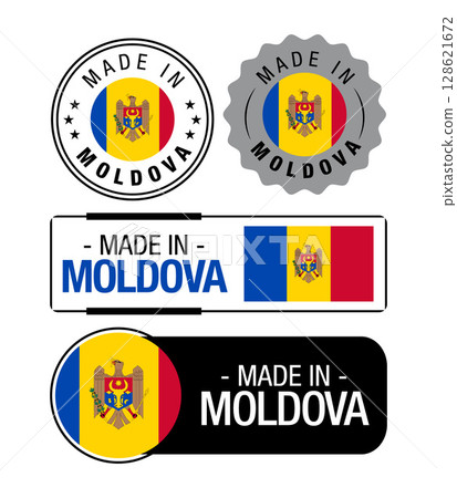 Set of Made in Moldova labels, logo, Moldova flag, Moldova Product Emblem. Vector illustration Set of Made in Moldova labels, logo, Moldova flag, Moldova Product Emblem. Vector illustration 128621672