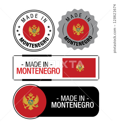Set of Made in Montenegro labels, logo, Montenegro flag, Montenegro Product Emblem. Vector illustration 128621674