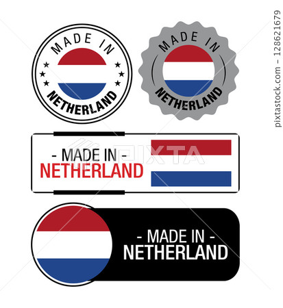 Set of Made in Netherland labels, logo, Netherland flag, Netherland Product Emblem. Vector illustration Set of Made in Netherland labels, logo, Netherland flag, Netherland Product Emblem. Vector illustration 128621679