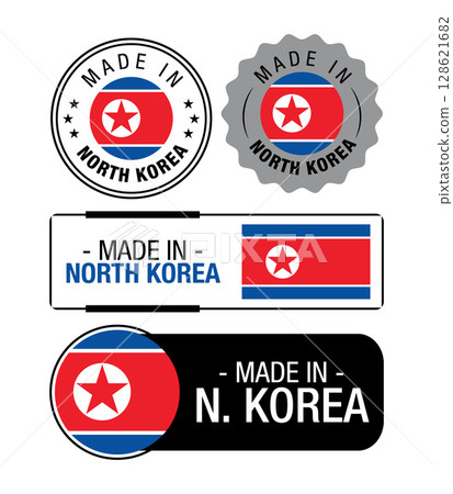 Set of Made in North Korea labels, logo, North Korea flag, North Korea Product Emblem. Vector illustration Set of Made in North Korea labels, logo, North Korea flag, North Korea Product Emblem. Vector illustration 128621682