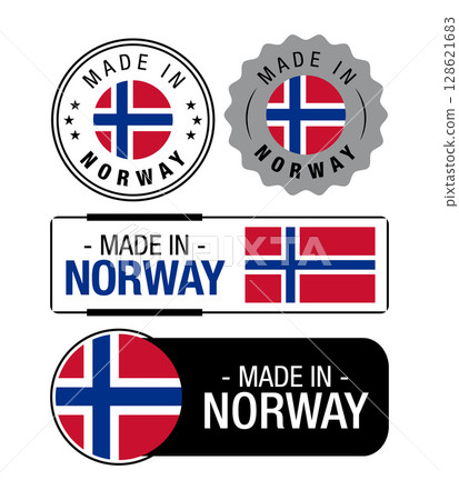 Set of Made in Norway labels, logo, Norway flag, Norway Product Emblem. Vector illustration Set of Made in Norway labels, logo, Norway flag, Norway Product Emblem. Vector illustration 128621683