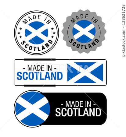 Set of Made in Scotland labels, logo, Scotland flag, Scotland Product Emblem. Vector illustration Set of Made in Scotland labels, logo, Scotland flag, Scotland Product Emblem. Vector illustration 128621728