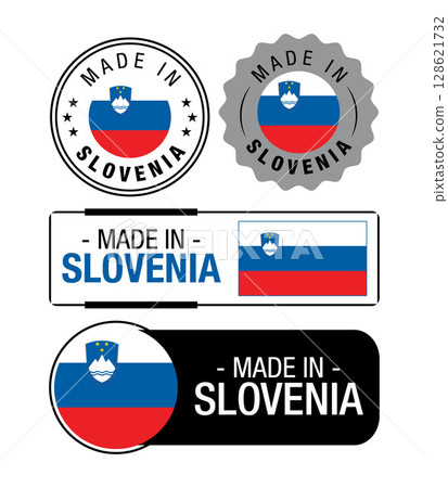 Set of Made in Slovenia labels, logo, Slovenia flag, Slovenia Product Emblem. Vector illustration Set of Made in Slovenia labels, logo, Slovenia flag, Slovenia Product Emblem. Vector illustration 128621732
