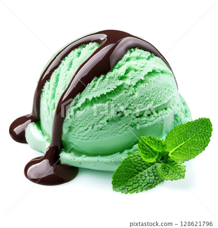 Chocolate mint ice cream. Mint flavoured ice cream with chocolate sauce. 128621796