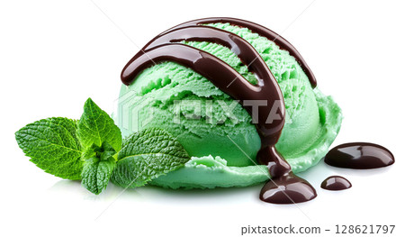 Chocolate mint ice cream. Mint flavoured ice cream with chocolate sauce. 128621797