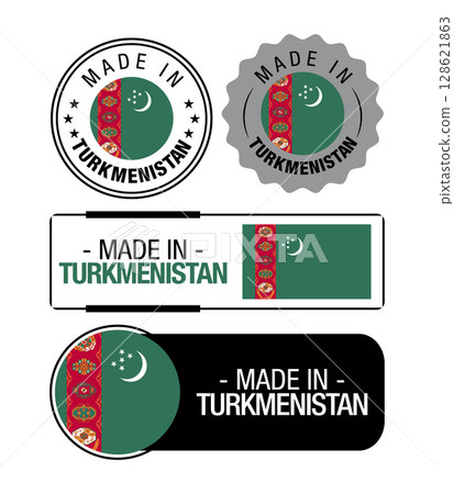 Set of Made in Turkmenistan labels, logo, Turkmenistan flag, Turkmenistan Product Emblem. Vector illustration Set of Made in Turkmenistan labels, logo, Turkmenistan flag, Turkmenistan Product Emblem. Vector illustration 128621863