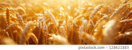Golden ears of wheat swaying gently sunlit field, their grains full and ripe, creating a sense of abundance and harvest season 128621883