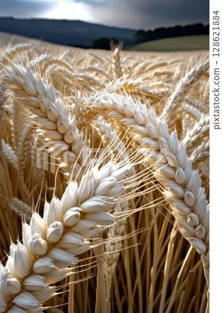 Golden ears of wheat swaying gently sunlit field, their grains full and ripe, creating a sense of abundance and harvest season 128621884