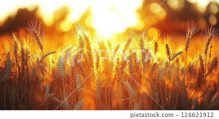 Golden ears of wheat swaying gently sunlit field, their grains full and ripe, creating a sense of abundance and harvest season Golden ears of wheat swaying gently sunlit field, their grains full and ripe, creating a sense of abundance and harvest season 128621912