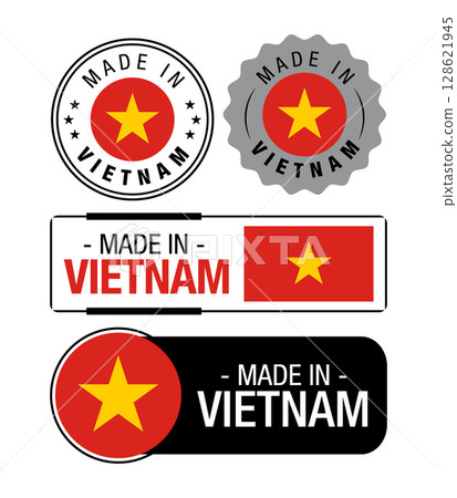 Set of Made in Vietnam labels, logo, Vietnam flag, Vietnam Product Emblem. Vector illustration 128621945