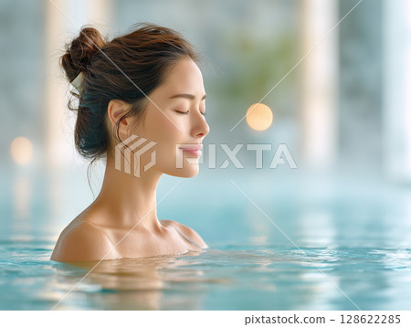 Profile of a beautiful woman soaking in a bath with a calm expression 128622285