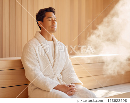 A man relaxing in a sauna surrounded by steam 128622298