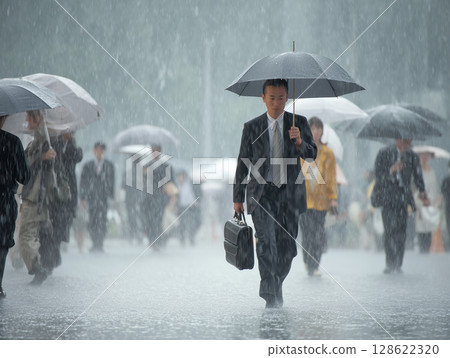 Commuting businessman walking in heavy rain Commuting businessman walking in heavy rain 128622320
