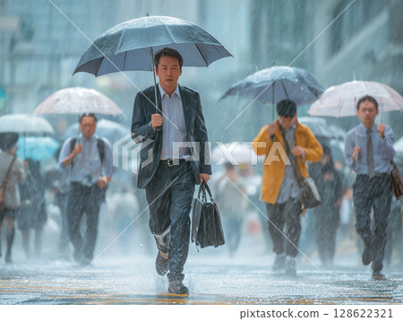 People walking with umbrellas and a cityscape in heavy rain People walking with umbrellas and a cityscape in heavy rain 128622321