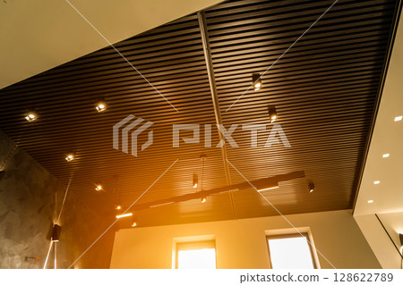 Office black ceiling. Business office meeting room in office with modern decoration. Office black ceiling. Business office meeting room in office with modern decoration. 128622789