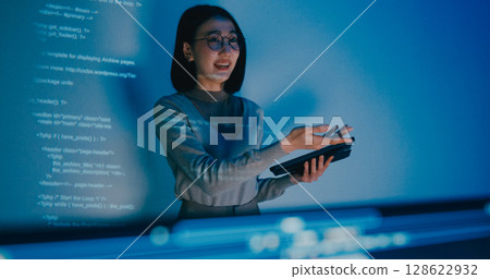 Group adult Asia female software developer mentor leader manager talk strategy plan to executive write prompt AI bot IT app program nomad, video game, designer, data center. Projecting slideshow code. 128622932