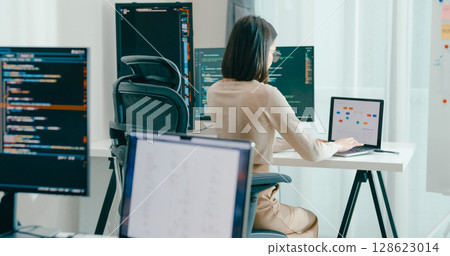 Young adult Asia female freelance eyeglasses typing write prompt AI bot IT app smart program nomad, video game, terminal with coding, user interface, designer, big data center on desktop computer. 128623014