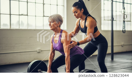 Help in training consultations in maintaining physical fitness, an elderly woman does squats with a barbell under the supervision of a personal trainer in a fitness center Help in training consultations in maintaining physical fitness, an elderly woman does squats with a barbell under the supervision of a personal trainer in a fitness center 128623044