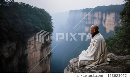 Contemplation of nature and getting rid of the bustle, a monk meditating on the edge of a gorge high in the mountains covered in fog, copy space retreat concept for freedom and restoration 128623052