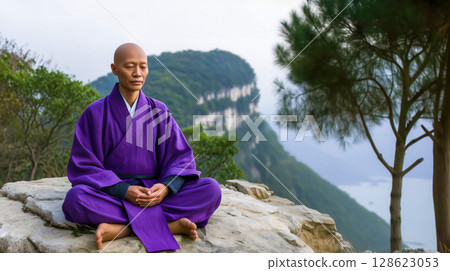humanoid practicing meditation for the practice of self-awareness, a monk meditates on a rock above a chasm against the backdrop of the sea, Copy space about meditation aimed at achieving liberation humanoid practicing meditation for the practice of self-awareness, a monk meditates on a rock above a chasm against the backdrop of the sea, Copy space about meditation aimed at achieving liberation 128623053