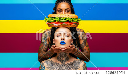 Vivid portrait of two women with vegan burger on head of one of them, striped colorful background, abstract surreal portrait of young women with tattoos on their bodies, bright neon colors of poster 128623054