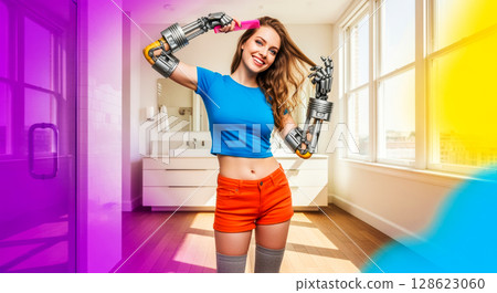 Connections of man and technology, portrait of young woman with cyber hands combing her hair in bathroom, neon colors in 80s style, concept of symbiosis of man and technology 128623060