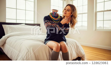 cyborg in the form of young woman sitting on bed in bedroom and holding her head in hands, concept of modern cyborgs and technologies of development of computer systems and connection with man cyborg in the form of young woman sitting on bed in bedroom and holding her head in hands, concept of modern cyborgs and technologies of development of computer systems and connection with man 128623061