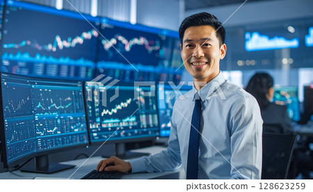 Smiling trader in front of a computer 128623259