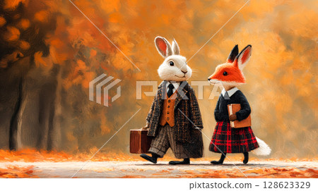 Autumn mood and concept with copy space in vintage style of back to school poster, rabbit and fox in autumn park going to school 128623329