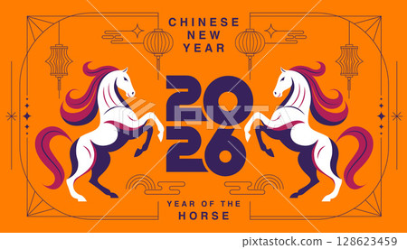 Chinese New Year 2026 ,Year of the Horse ,line art , outline , simple linear , geometric shape Chinese New Year 2026 ,Year of the Horse ,line art , outline , simple linear , geometric shape 128623459