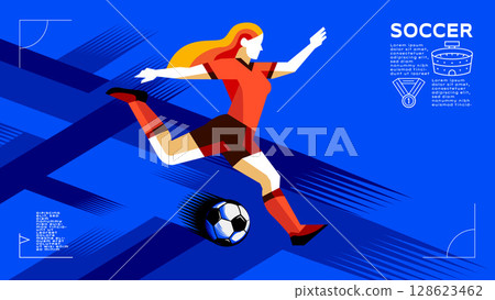 Geometric Vector of Female Soccer Player in Action , Abstract Brush Background Sports 128623462