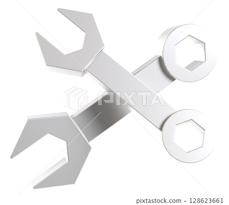 3D illustration of crossed silver spanners 128623661
