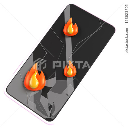 3D illustration of a smartphone on fire and a broken screen 3D illustration of a smartphone on fire and a broken screen 128623705