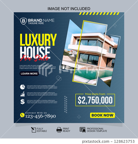 Modern Dark Blue and Yellow Luxury House For Sale Real Estate Social Media Post Vector Template 128623753