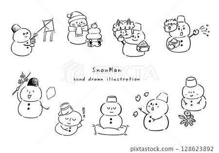 Cute snowman monochrome line drawing illustration 2 Cute snowman monochrome line drawing illustration 2 128623892