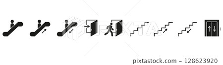 Escalator, Door, Stairs, And Elevator Solid Icon Set. Public Transportation, Building Navigation, And Accessibility Silhouette Symbol Collection. Directional Guidance. Isolated Vector Illustration 128623920