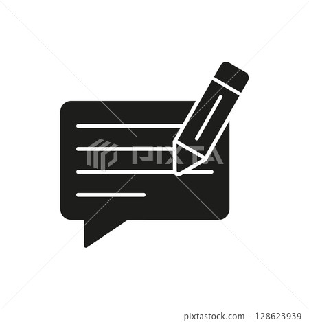 Pencil And Speech Bubble Solid Icon. Communication, Feedback, And Comment Drafting Silhouette Symbol. Writing And Messaging Concept. Isolated Vector Illustration 128623939