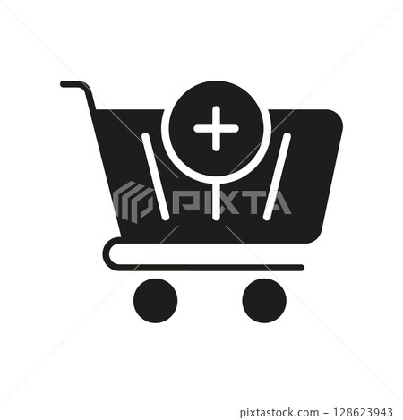 Shopping Cart With Plus Sign Solid Icon. Add To Cart, Online Shopping, And E-Commerce Enhancement Silhouette Symbol. Retail And Consumer Experience. Isolated Vector Illustration 128623943