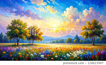 色彩繽紛的花田與日落風景2 128623947