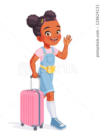 Cute young African-American girl pulling a suitcase and waving hand as she goes off on a vacation. Cartoon vector illustration. Cute young African-American girl pulling a suitcase and waving hand as she goes off on a vacation. Cartoon vector illustration. 128624131